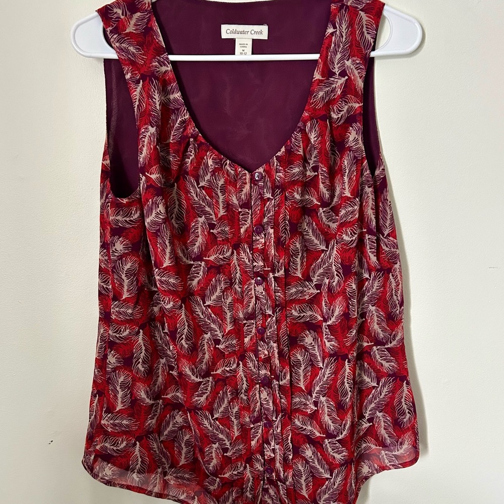 Coldwater Creek Flowy Red Feather Tank Blouse, Size M